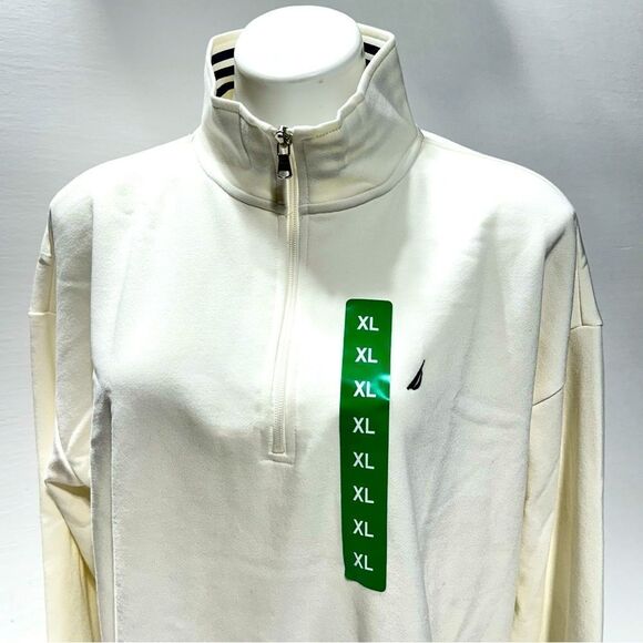 Nautica Ladies Quarter Zip Pullover Off White Blue Stripe Neck Boat XL - Picture 11 of 11